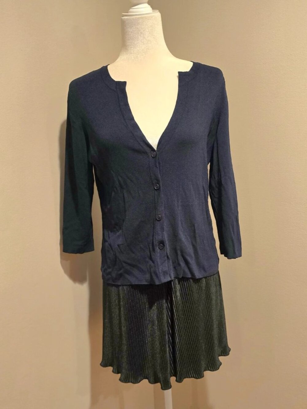 Talbots navy blue button front cardigan sweater 3/4 sleeve- size S